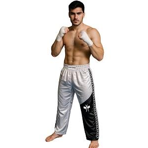 FIGHTERS - Pantalon de Kick-boxing / Satiné / Blanc-Noir / Medium